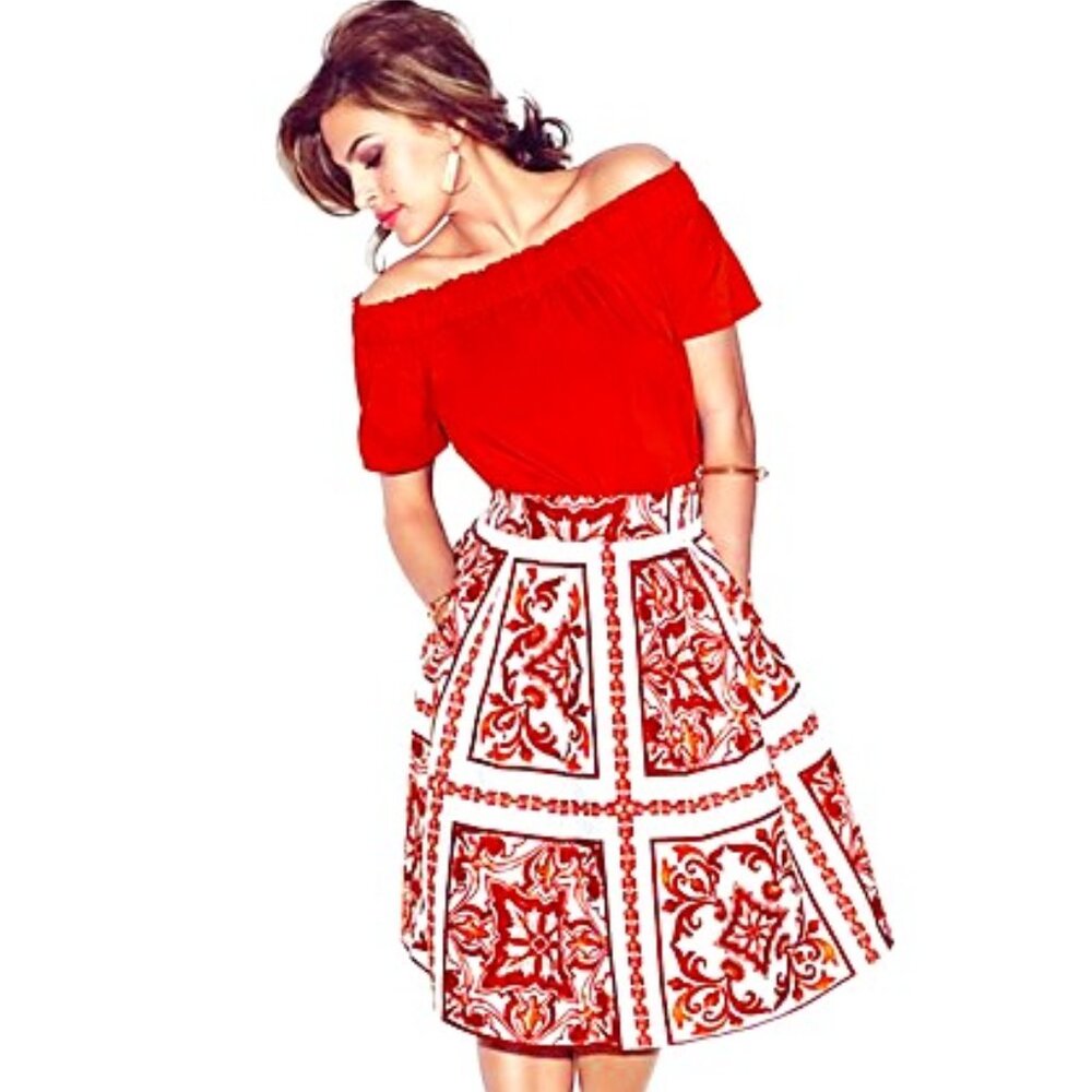 EVA MENDES COLLECTION WHITE MULTI PRINT AZTEC ORANGE MADDIE SIZE 10 (Pre-owned)